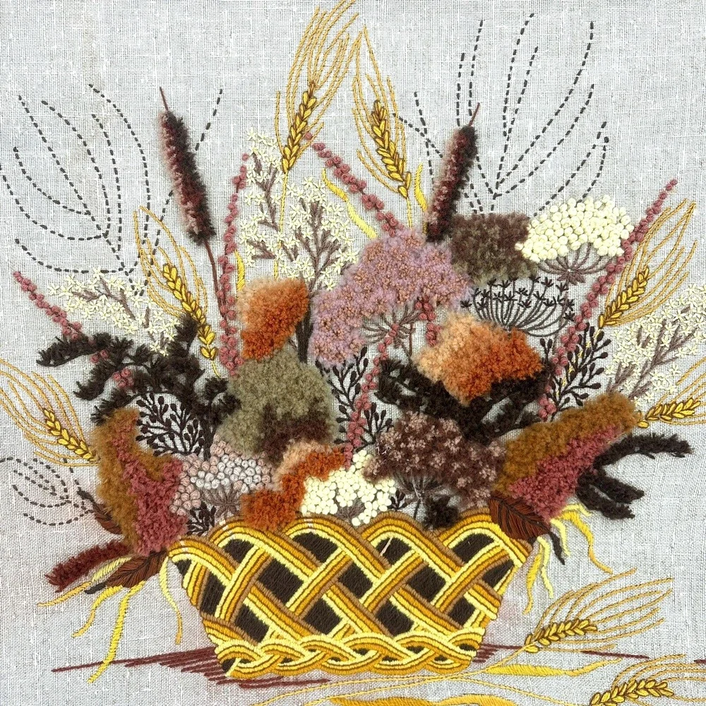 Vtg Latch Hook Rug Wall Hanging Handmade‎ Fall Basket Framed Art 26